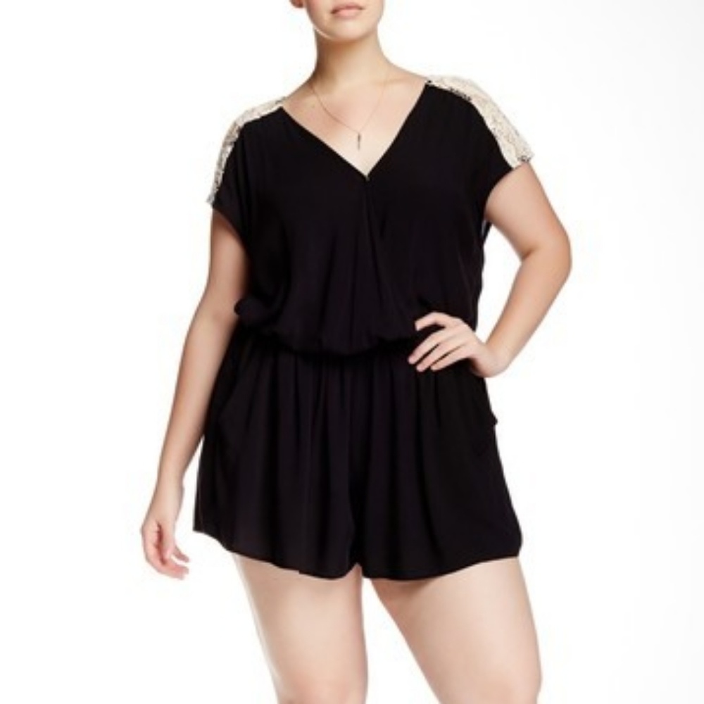 Eyeshadow Black Romper with Ivory Lace Detail